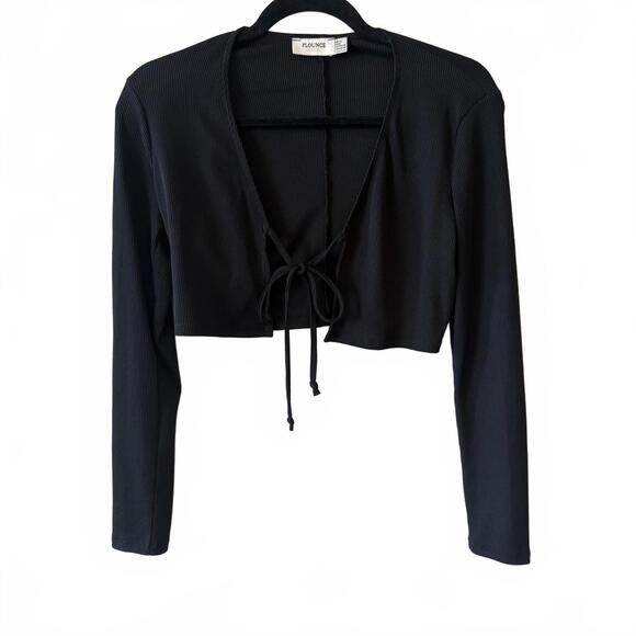 ASOS Flounce Ribbed Tie Front Cardigan in Black - Picture 3 of 6